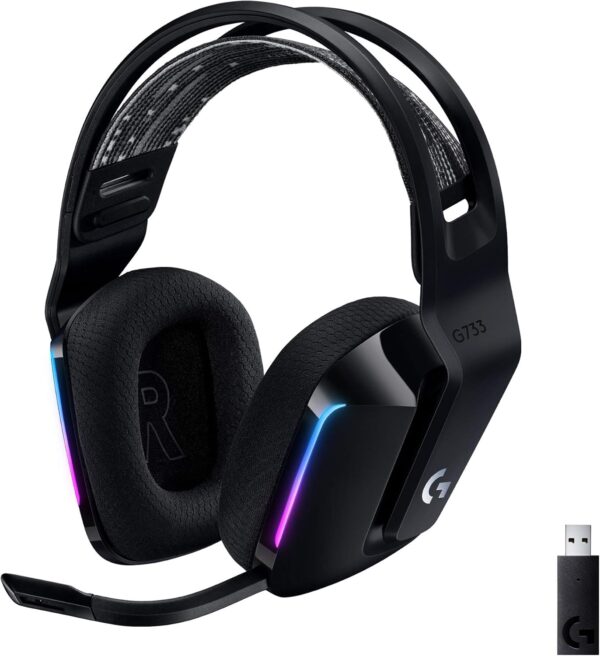 Logitech G733 Lightspeed Wireless Gaming Headset with Suspension Headband, Lightsync RGB, Blue VO!CE mic technology and PRO-G audio drivers – Black