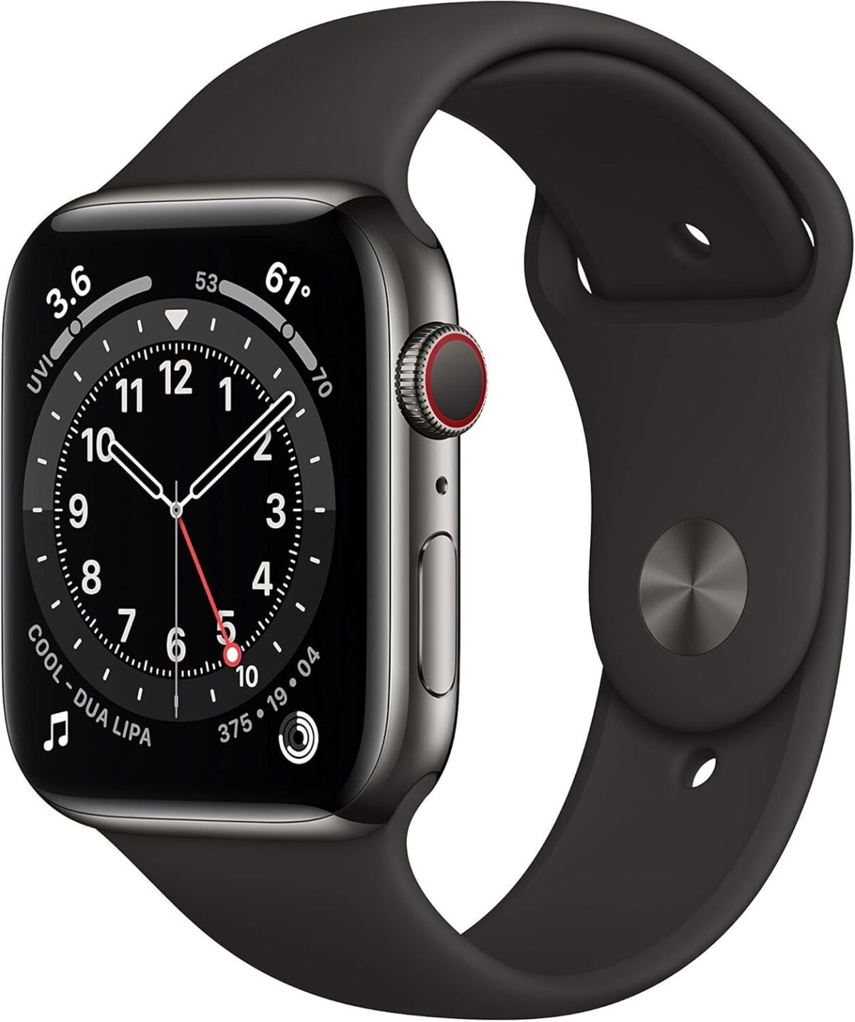 Apple Watch Series 6 (GPS + Cellular, 44mm) - Graphite Stainless Steel Case with Black Sport Band (Renewed) - Image 2